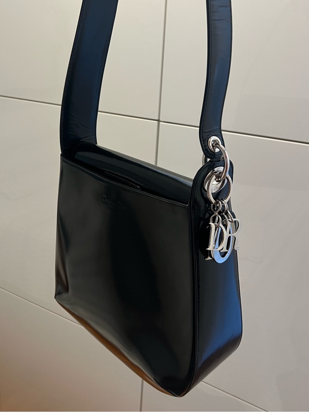 vintage Christian Dior black leather shoulder bag